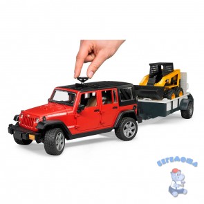 Внедорожник Jeep Wrangler Unlimited Rubicon c прицепом-платформой и колёсным мини погрузчиком CAT