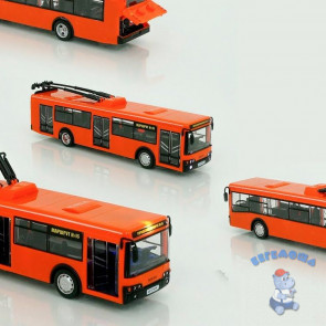 Машинка инерционная Play Smart Автопарк Троллейбус оранжевый со светом и звуком, открываются двери и моторный отсек, 9690-B