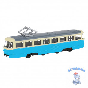 Трамвай инерционный металлический 1:90 цвет синий со светом и звуком