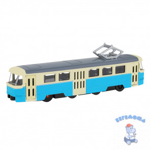 Трамвай инерционный металлический 1:90 цвет синий со светом и звуком