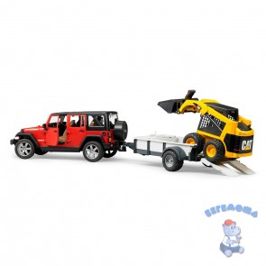 Внедорожник Jeep Wrangler Unlimited Rubicon c прицепом-платформой и колёсным мини погрузчиком CAT
