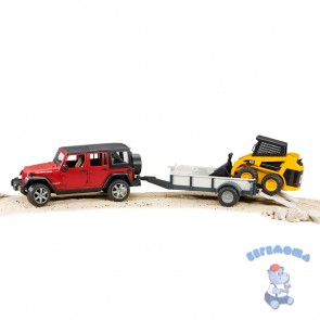 Внедорожник Jeep Wrangler Unlimited Rubicon c прицепом-платформой и колёсным мини погрузчиком CAT