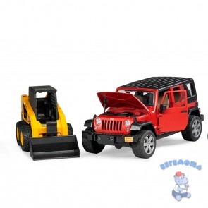 Внедорожник Jeep Wrangler Unlimited Rubicon c прицепом-платформой и колёсным мини погрузчиком CAT