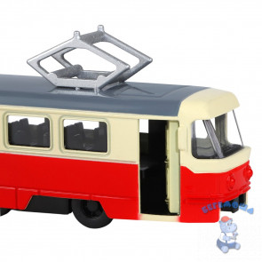 Трамвай инерционный металлический 1:90 цвет красный со светом и звуком
