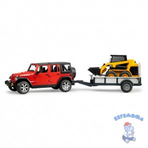 Внедорожник Jeep Wrangler Unlimited Rubicon c прицепом-платформой и колёсным мини погрузчиком CAT